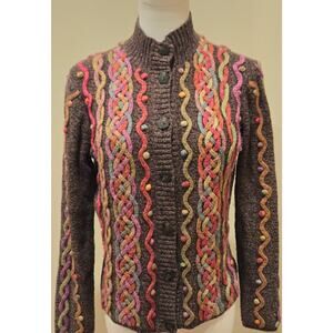Talbots VTG Boho Artsy Cotton Wool Cardigan Knit Sweater Knot Detail Brown SP